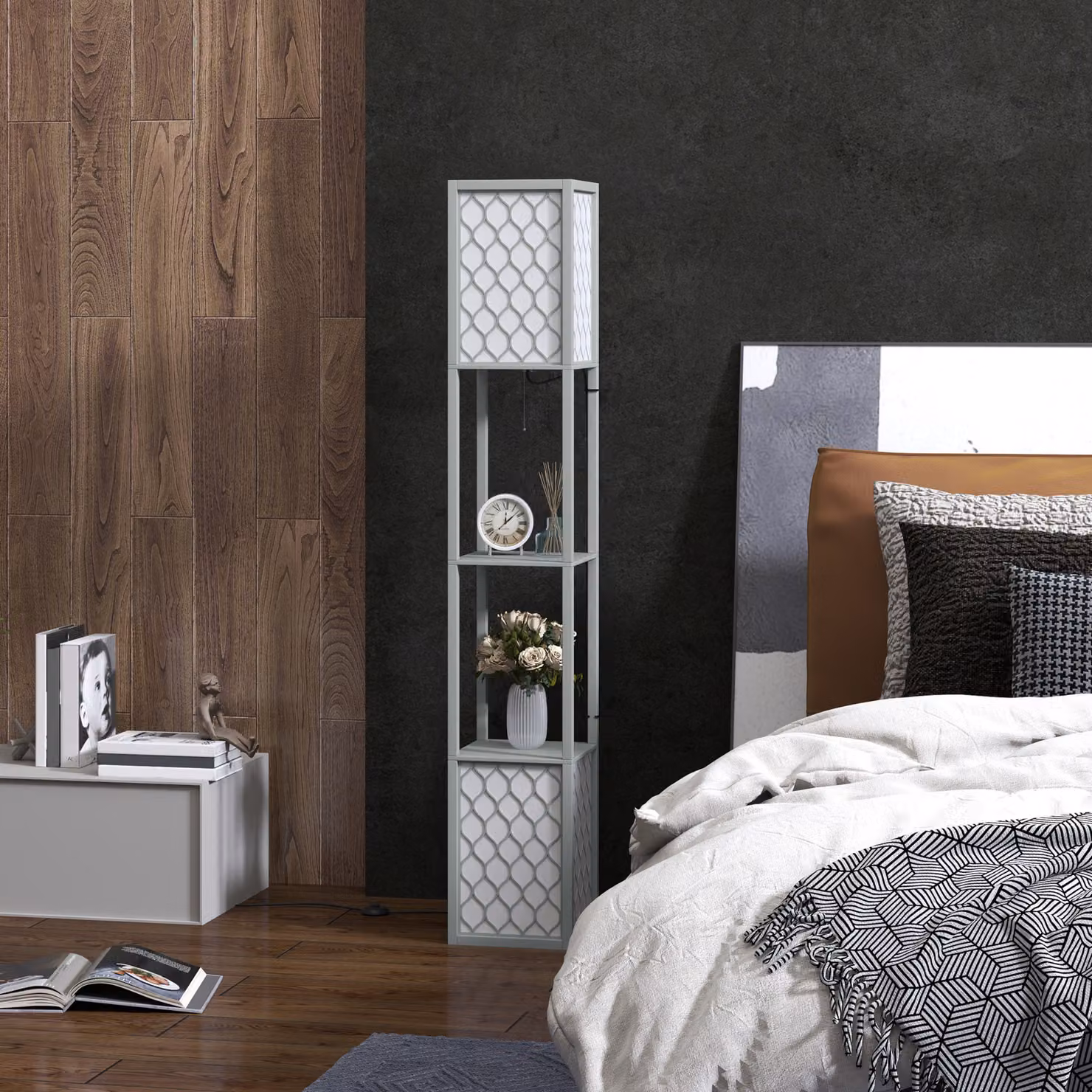 HOMCOM Modern Tall Floor Lamp with Shelves and Dual Light in Light Grey – 9