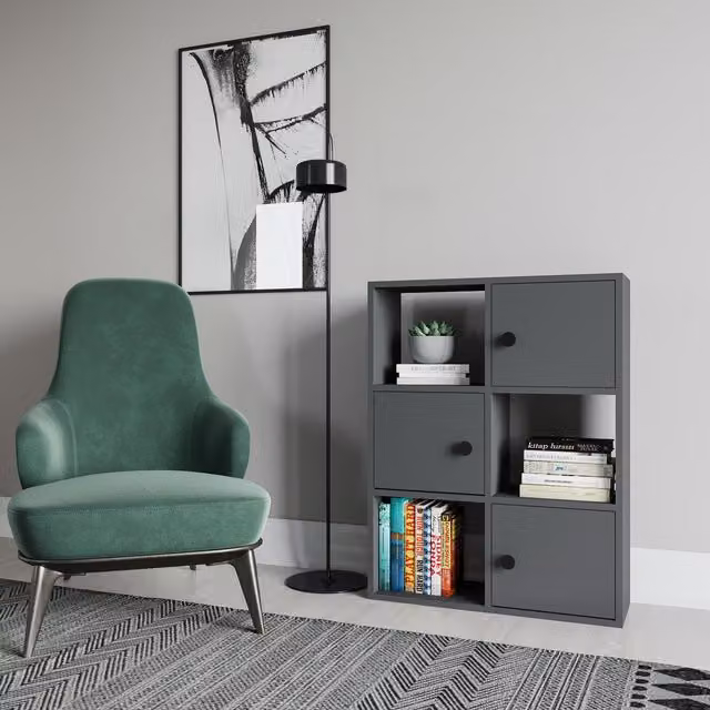 Decorotika Tasso Modern Bookcase with Cabinets in Matt Anthracite Grey, W: 94 cm