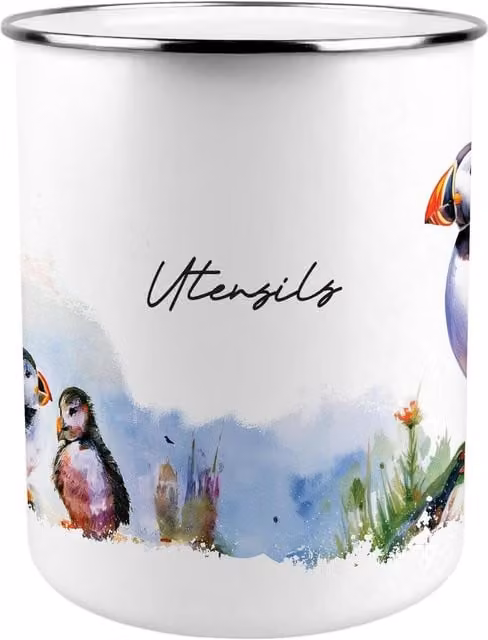 Purely Home Seaside Puffins Metal Kitchen Utensil Holder in Multicolour and White