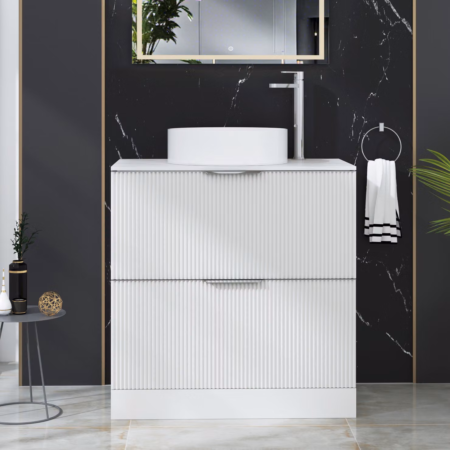Royal Bathrooms Evora 800mm Matt White Fluted Floor Standing 2 Drawer Vanity Unit with Carrara White Stone Worktop