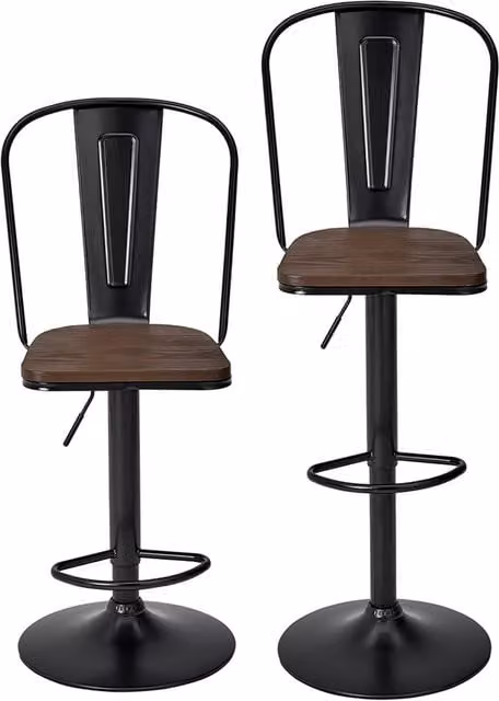 Livingandhome Set of 2 Adjustable Industrial Bar Stools with High Backrest and 360 Degree Swivel in Brown and Black