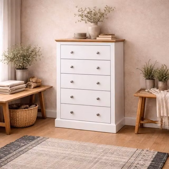 Wyld Haus Ardee 5 Drawer Chest in White with Natural Oak Top – 1