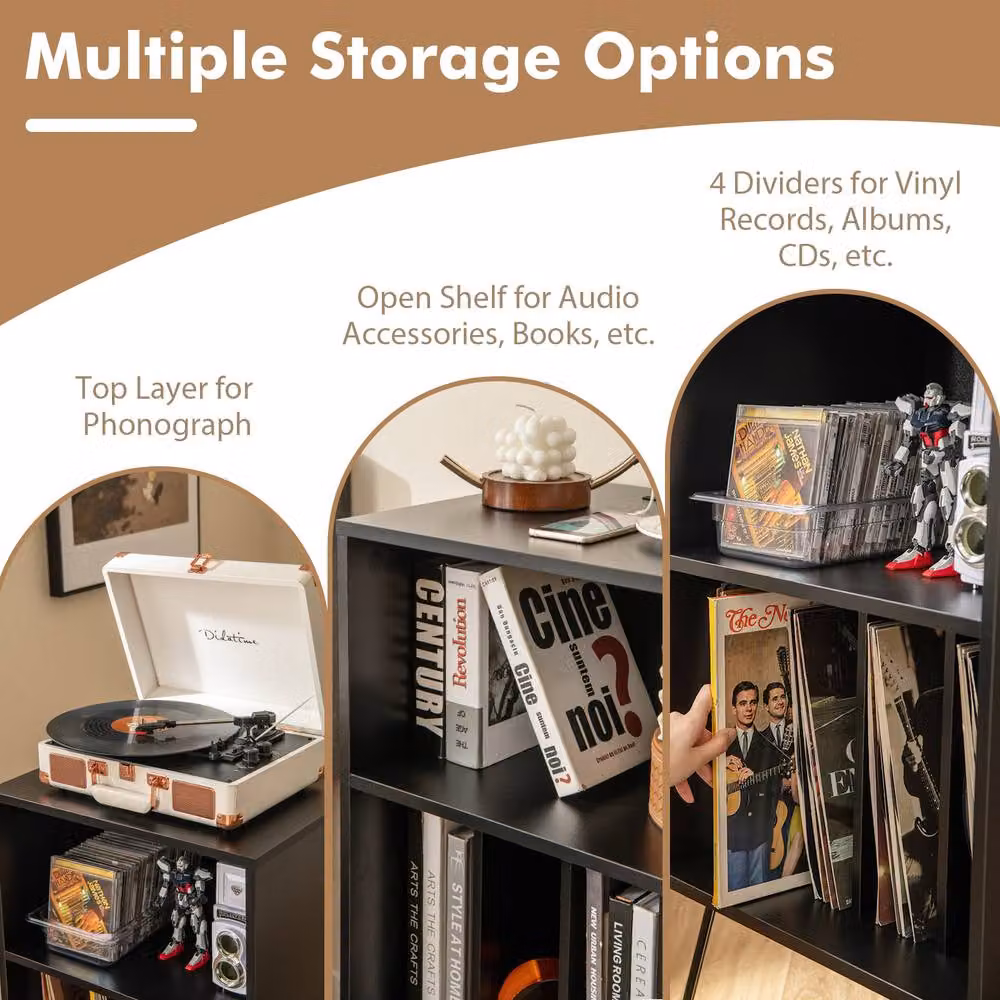 Gymax 3-Tier Black Metal Turntable Stand and Vinyl Record Storage Table – 3