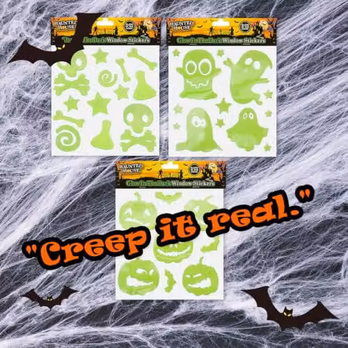 VFM e-Store Halloween Glow in the Dark Gel Stickers, 3 Pack of Ghosts, Bones and Pumpkins in Green – 3