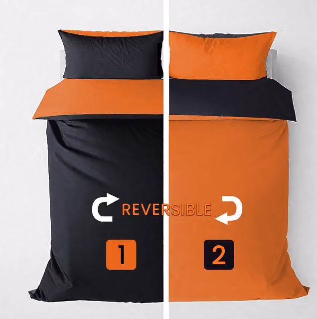 Velosso Reversible Plain Microfibre Duvet Cover and Pillowcase Set in Black and Orange, W: 140 cm, L: 200 cm