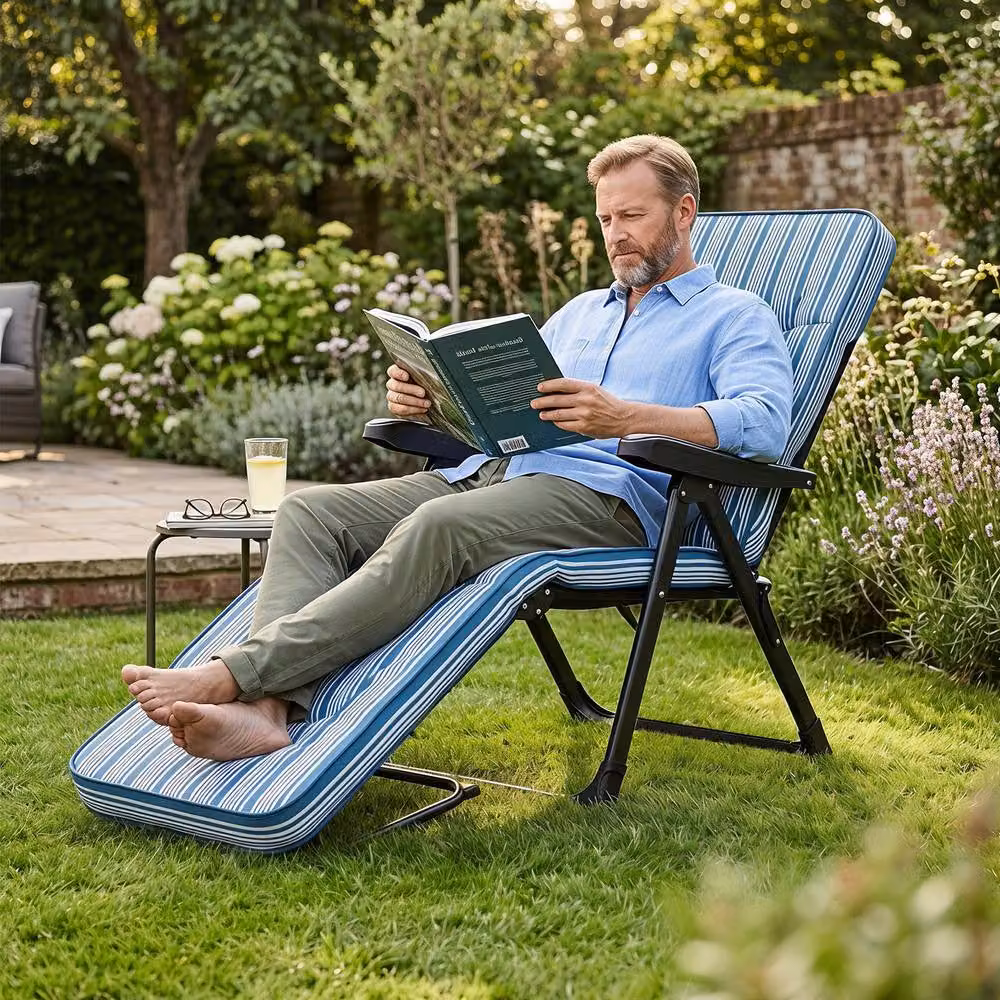 Gymax Foldable Garden Sun Lounger with Adjustable Headrest and Armrests in Blue Striped UV-Resistant Polyester – 4