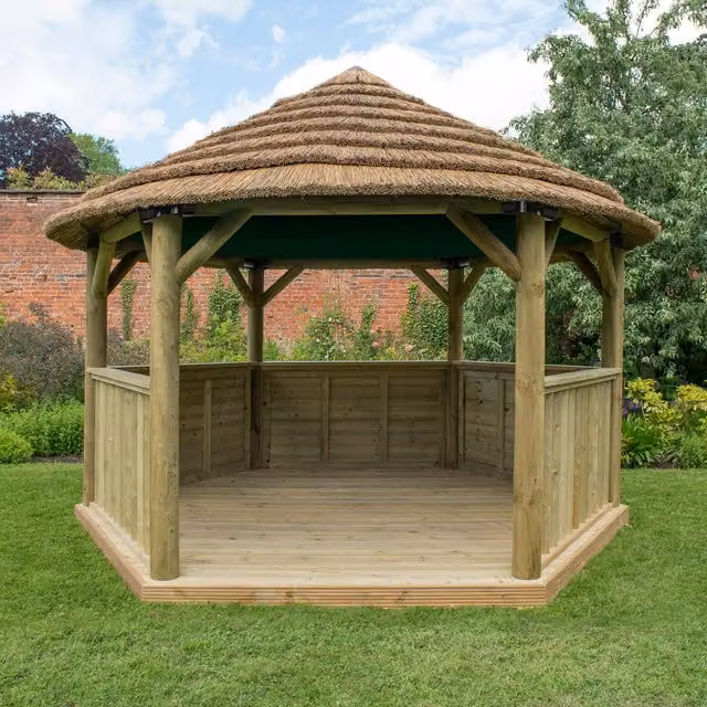 Forest Rustic Thatched Hexagonal Garden Gazebo in Green and Brown with 4 Metre Diameter