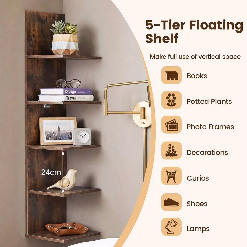 KORVIXA Brown Industrial Vertical Floating Wall Shelf Unit with Back Panel – 4