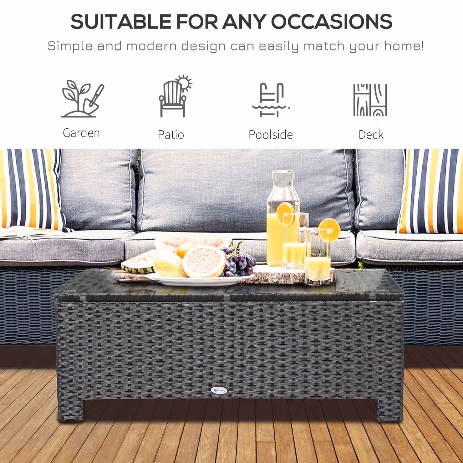Outsunny Rattan Garden Coffee Table with Tempered Glass and Powder Coated Steel Frame in Black and Grey – 3