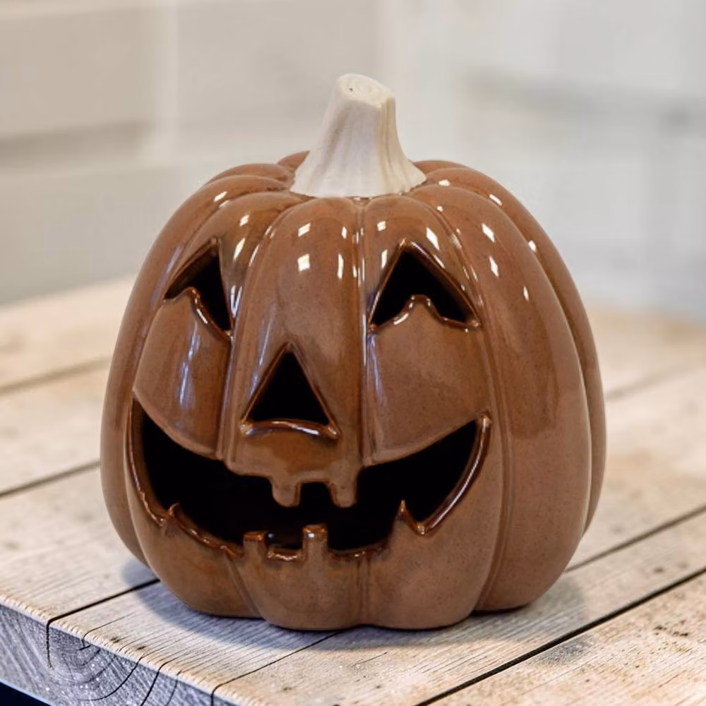 Four Candle Chocolate Brown and White Pumpkin Jack-O-Lantern Halloween Tabletop Ornament – 2