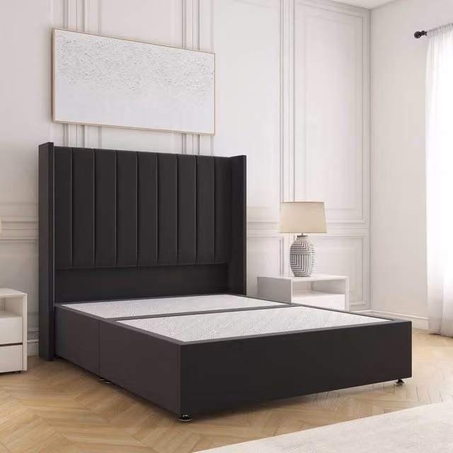 BSSPOKE Hannah Single Divan Bed with 54 inch Plush Velvet Headboard in Black, W/D/H: 90 x 190 cm