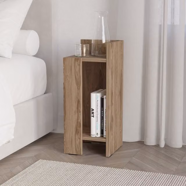 Decortie Elos Modern Wall-Mounted Right-Side Bedside Cabinet with Drop-Down Door in Dark Brown Oak