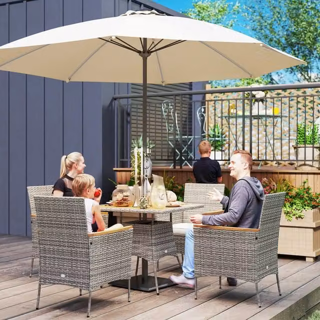Outsunny Rattan Garden Dining Set with Acacia Wood Table and Parasol Hole in Beige and Brown