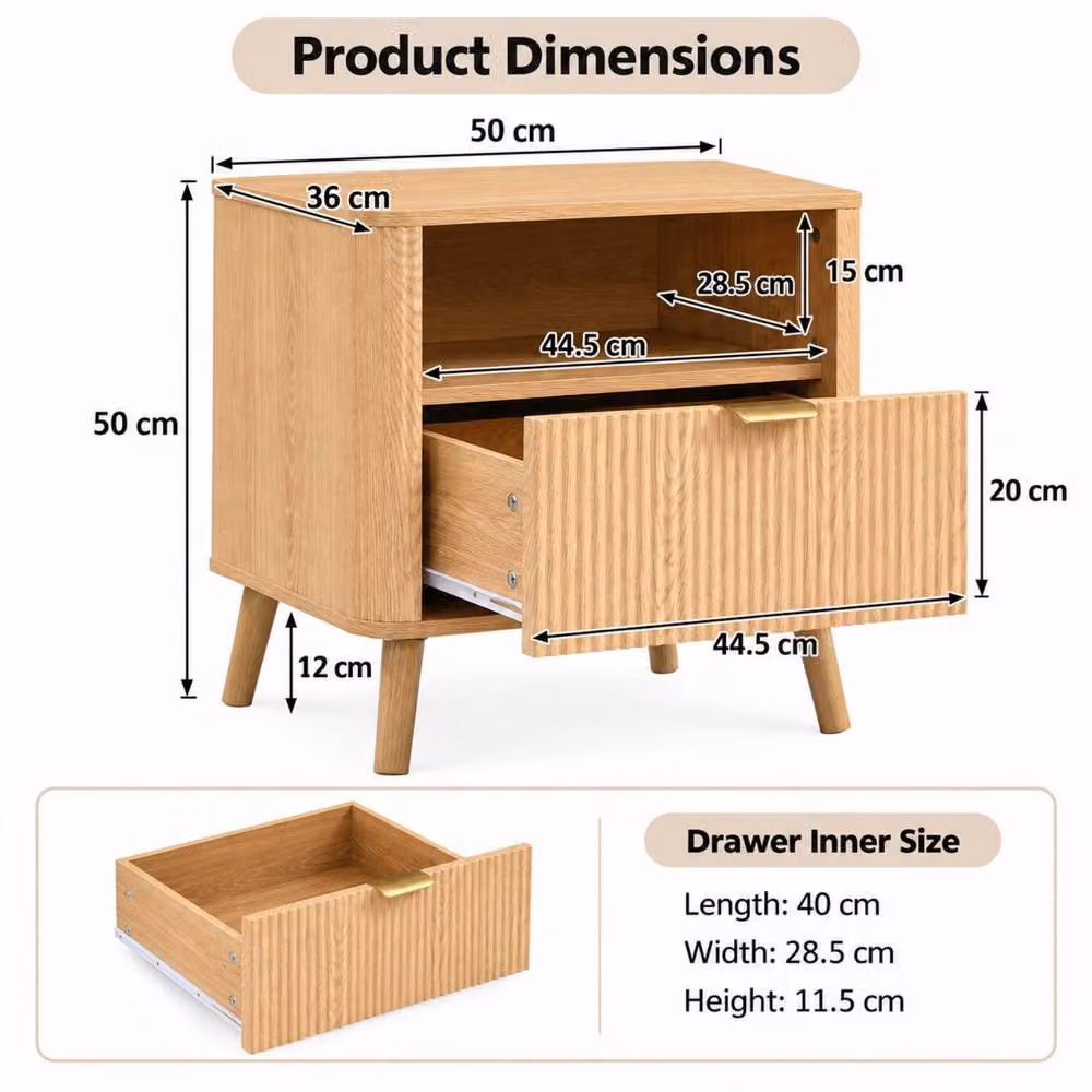 Merax Set of 2 Fluted Bedside Tables with Drawer and Open Shelf in Light Oak – 3
