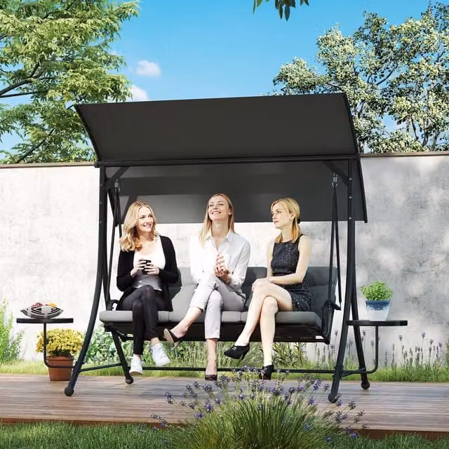 Outsunny 3 Seater Modern Garden Swing Chair with Sun Canopy and Cushions in Dark Grey