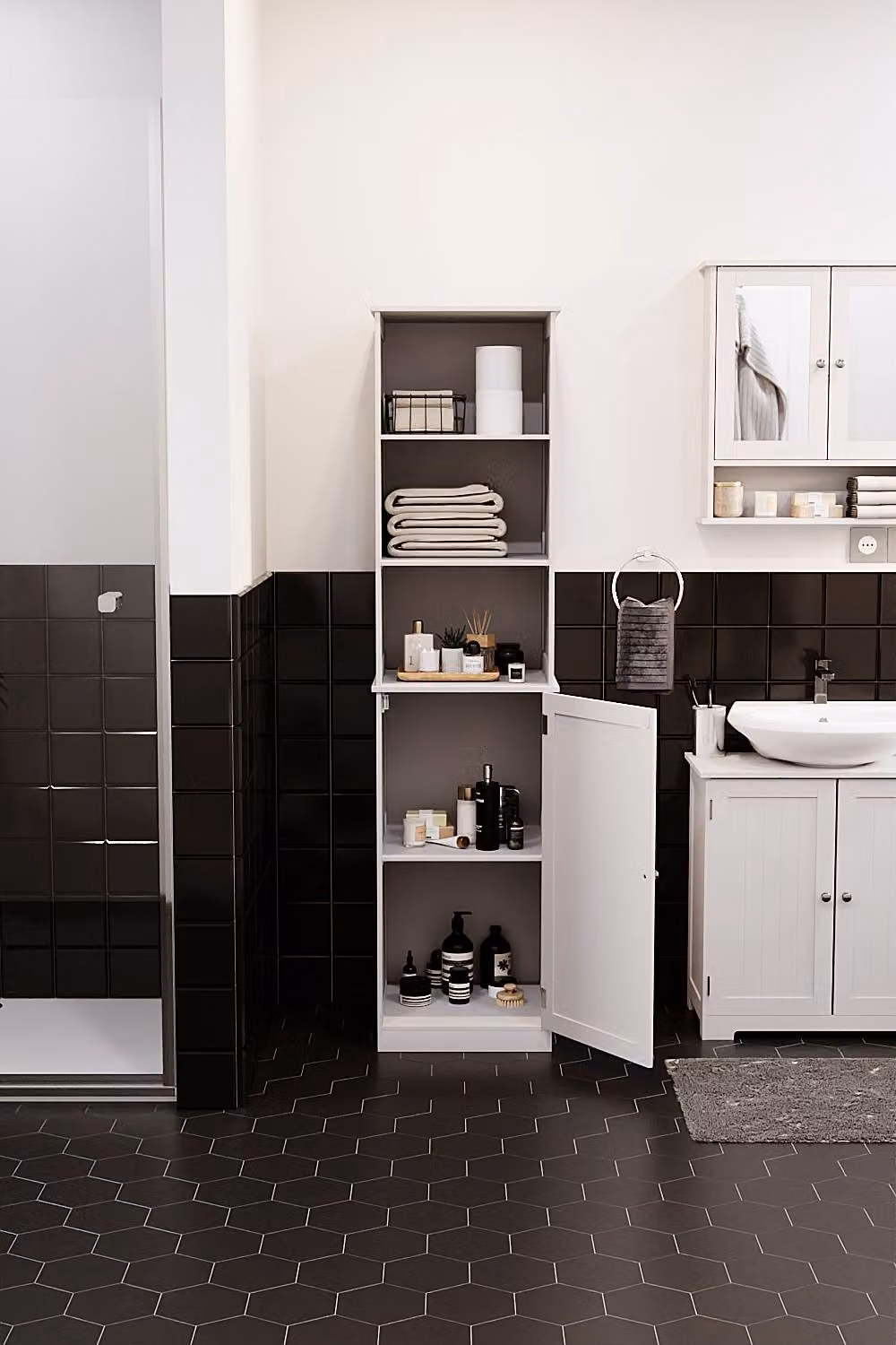 HD Designs Priano Tall Storage Cabinet in White with 3 Open Shelves and 2-Tier Hinged Door Storage – 5