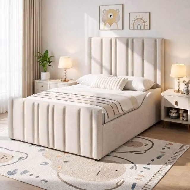 STILVORA Single Upholstered Bed with Hydraulic Lift-Up Storage in Beige, W/D/H: 90 x 190 cm – 1