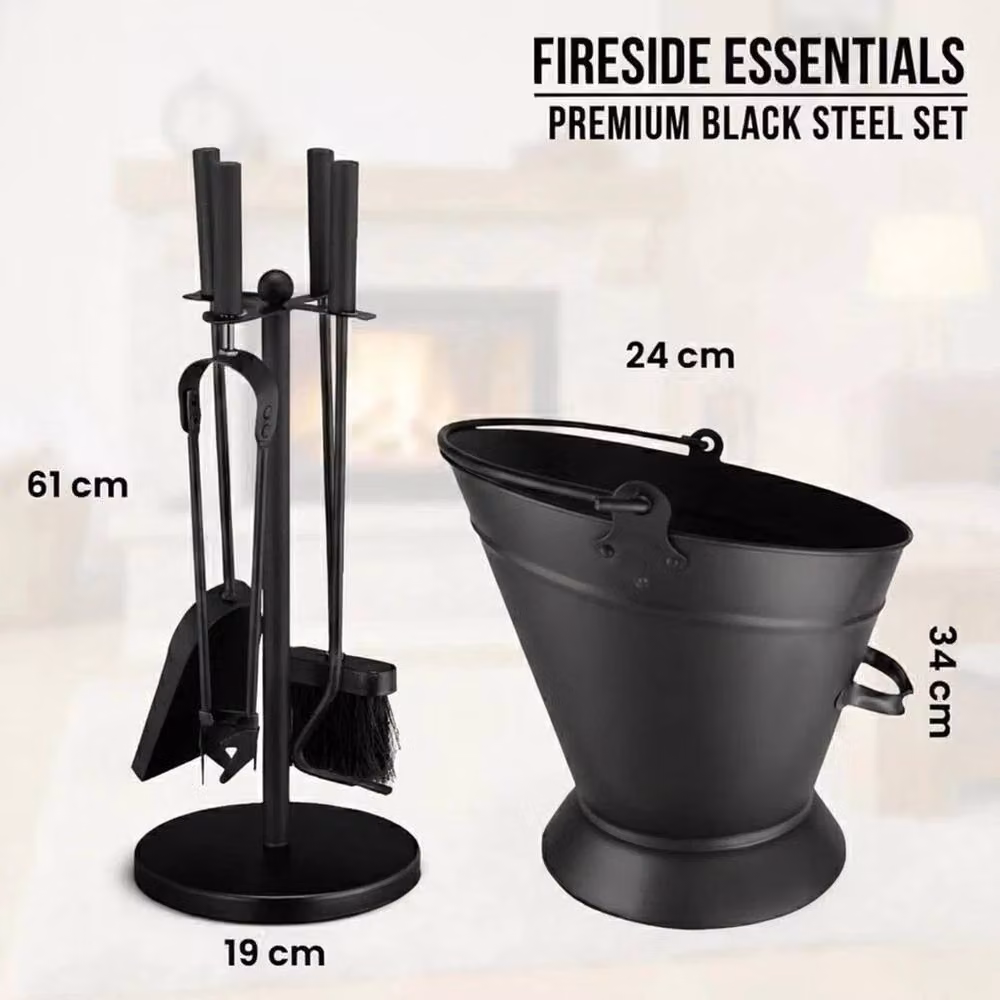 VOGREX Black Coal Scuttle and 5-Piece Fireside Tool Set – 2