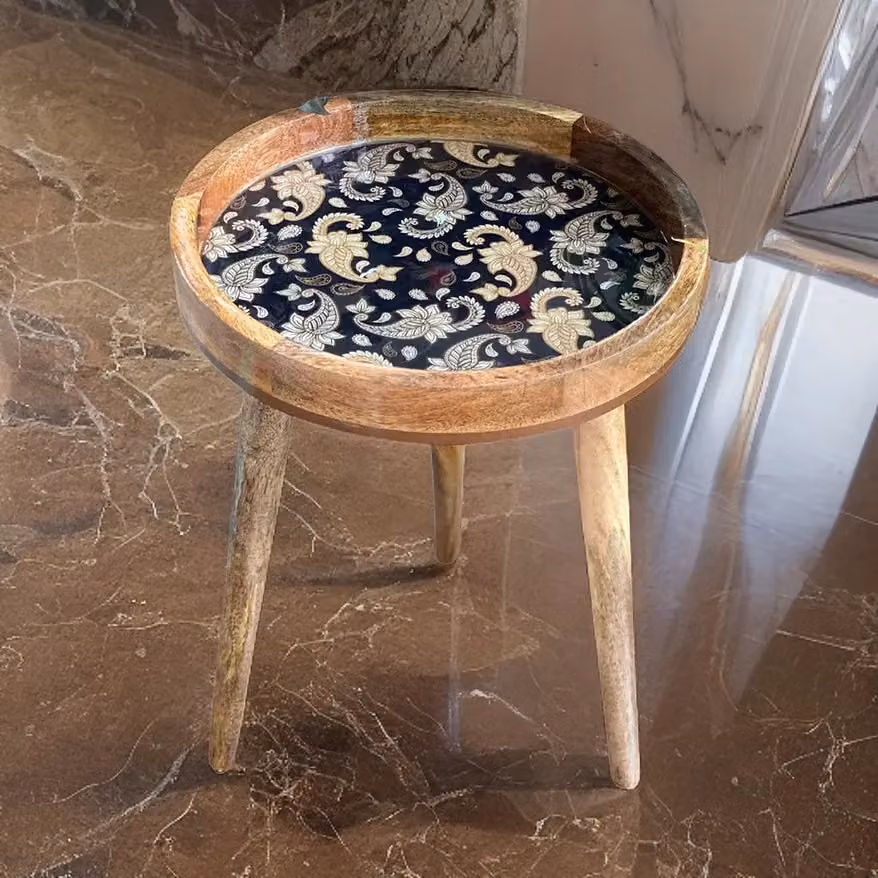 Hartsmede Handmade Round Side Table in Black Solid Mango Wood with French Paisley Design and Detachable Legs – 3