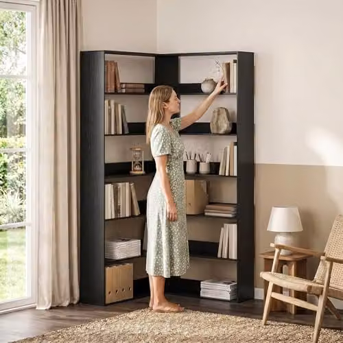 HOMCOM 7-Tier L-Shaped Corner Bookshelf in Black Wood Effect, W/D/H: 90 x 90 x 180 cm – 8