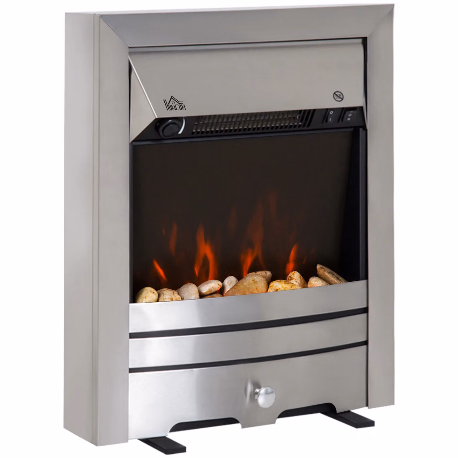 HOMCOM Electric Fireplace with LED Flame Effect Heater in Metallic Silver – 2