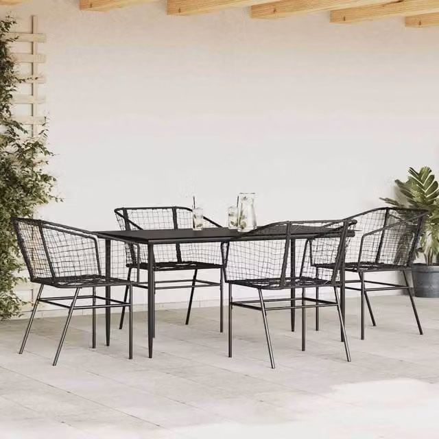 Berkfield Home Beautiful 5 Piece Garden Dining Set in Black Poly Rattan with Glass Top