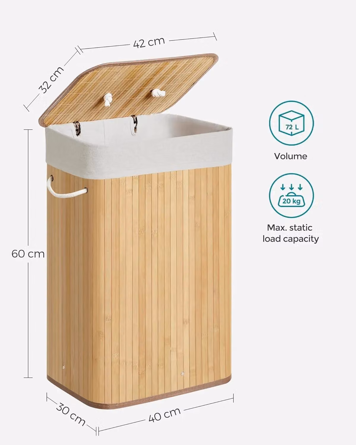 SONGMICS Medium Bamboo Foldable Laundry Basket with Lid and Removable Washable Bag in Beige and Brown – 2