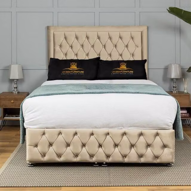 UK Bed Furniture Kingston End Lift Divan Ottoman Bed with 54 Inch Tall Headboard in Beige Fabric, W/D: 120 x 200 cm – 1