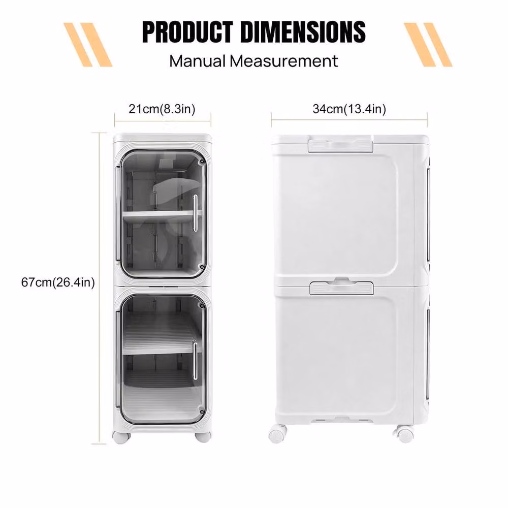 Kelvenix Modern White 2-Tier Tall Narrow Cabinet with Transparent Glass Doors, H 67 cm x W 34 cm x D 21 cm – 2