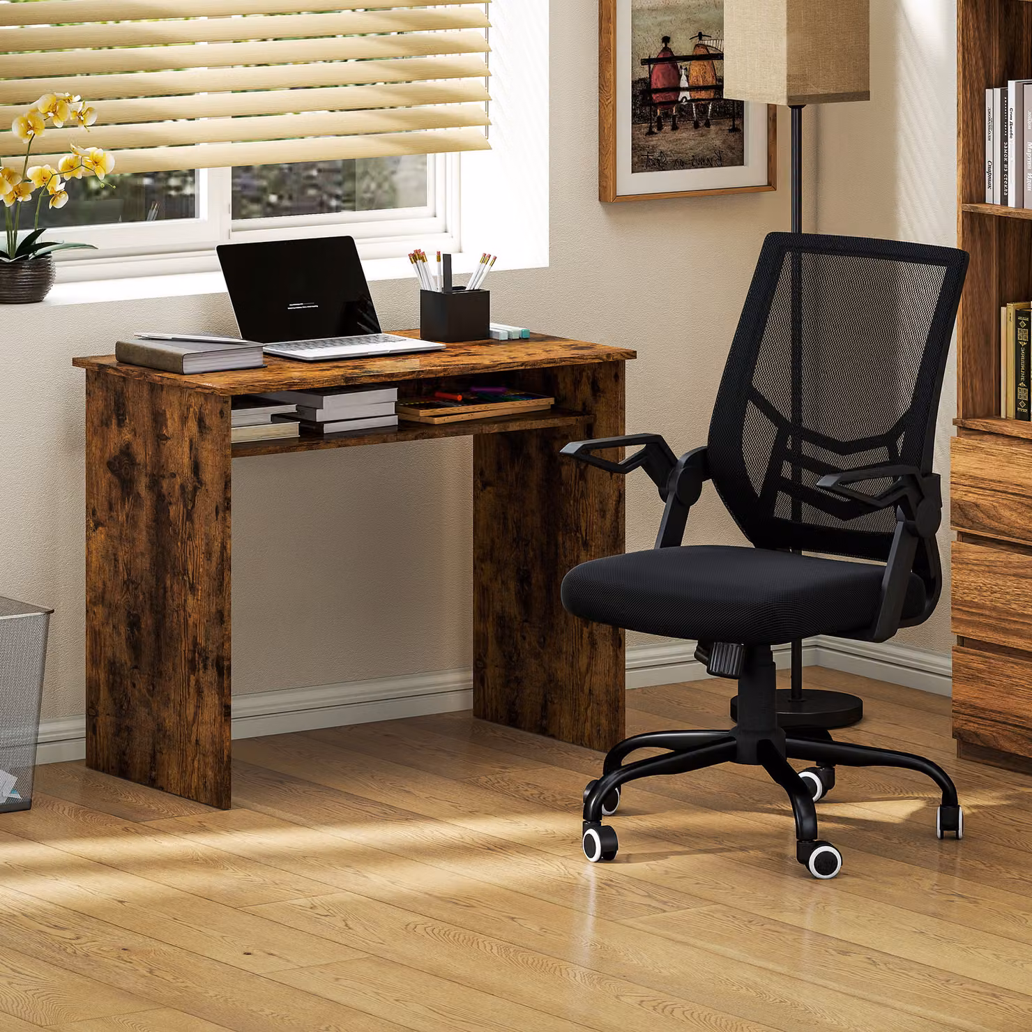 HOMCOM Modern Home Office Furniture Set featuring Computer Desk with Storage Shelf and Ergonomic Mesh Chair in Rustic Brown and Black – 1