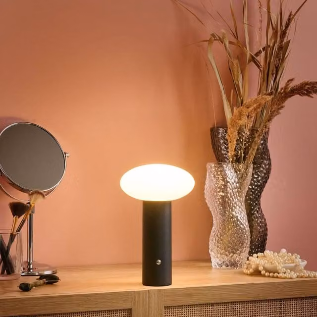 Wyld and Coco Black Wireless LED Mushroom Table Lamp, Dimmable and Rechargeable Metal Design – 1
