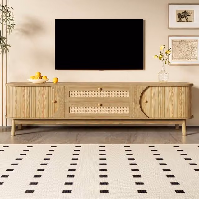 Rolipo Natural Wood TV Cabinet with Rattan Sides and Sliding Doors in Brown and Beige, W/D/H: 170 x 39.5 x 46 cm – 1