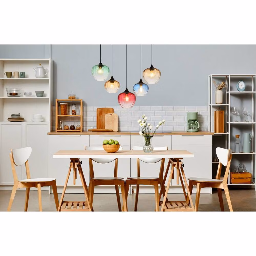 Globo Lighting Modern 5-Bulb Glass Pendant Light for Dining Rooms, Black with Multicolour Glass Shades, E27, Height Adjustable – 4