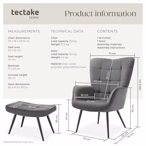 tectake Scandi Style Armchair with Integrated Footstool in Anthracite and Black Corduroy Fabric – 3