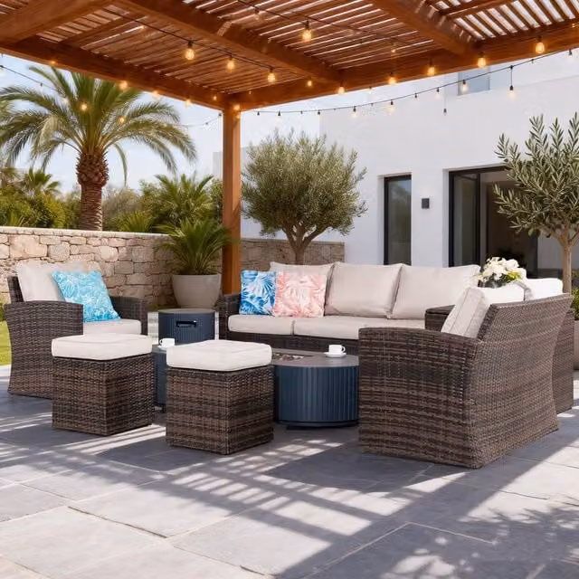 Direct Wicker 8-Seater Grey L-Shape Corner Sofa Set with Gas Fire Pit Table and Storage Box