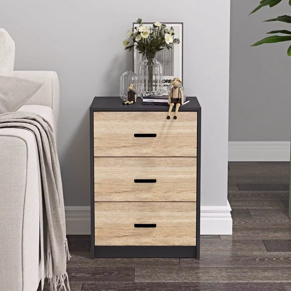 FORGEVIO Modern Bedroom Bedside Cabinet with Drawers in Black and Light Oak – 3