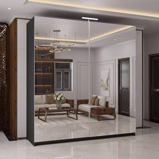 MN Furniture Modern Double Mirror Sliding Wardrobe with Integrated LED Lighting in Black, W: 200 cm, H: 217 cm