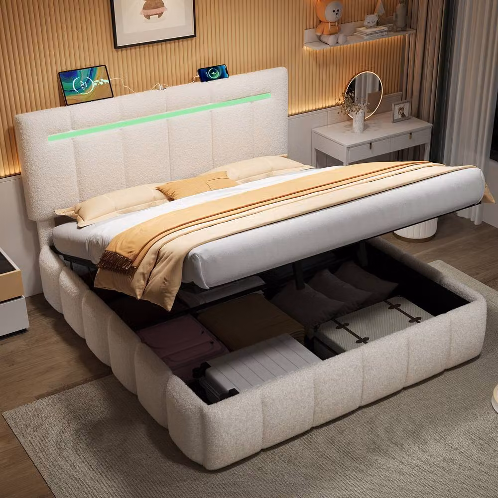 Rolipo King Size Boucle Upholstered Bed Frame with Hydraulic Storage, LED Lighting and USB Charging Ports in Beige, W/D/H: 180 x 200 cm – 2