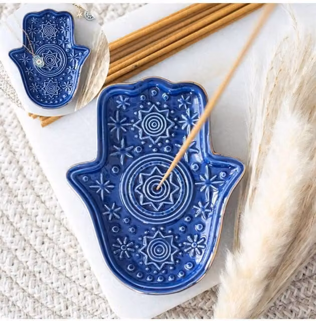 KDMD Blue Ceramic Hamsa Hand Incense Holder and Trinket Dish
