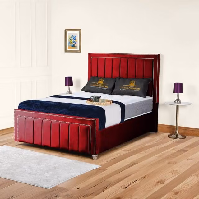 UK Bed Furniture Fiona Upholstered Velvet Slatted Base Bed in Red, W/D/H: 120 x 200 cm