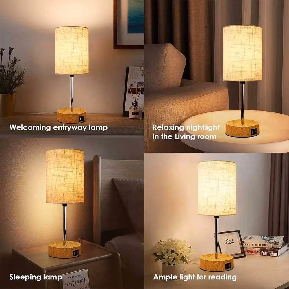 VOGREX Dimmable Touch Control Bedside Table Lamp in Brown with Fabric Shade and LED Bulb – 3