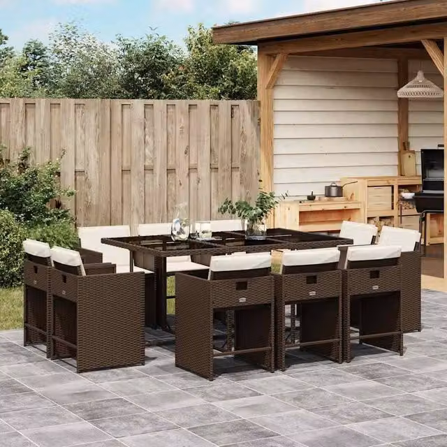 Berkfield Home 11 Piece Brown Poly Rattan Garden Dining Set with Cushions and Glass Tabletop – 1