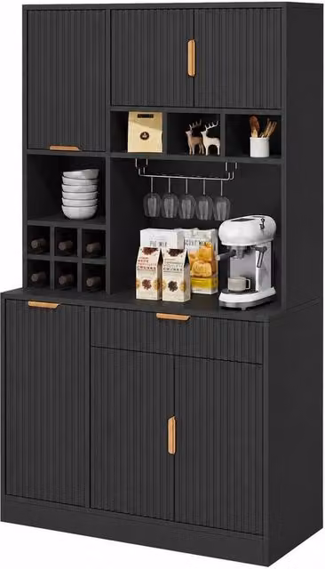 Merax Modern Tall Kitchen Pantry Cabinet with Power Outlets and Wine Storage, Black, H: 175 cm, W: 40 cm, D: 100 cm – 1