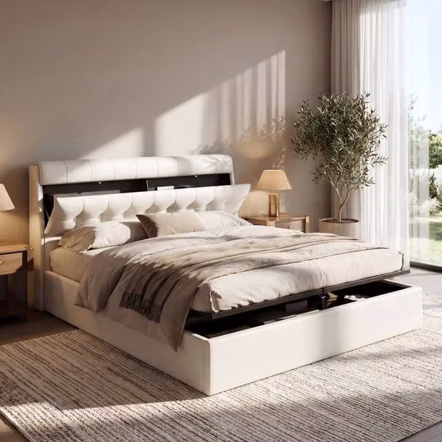 ModernLuxe Upholstered King Bed with Hydraulic Storage and Headboard in White, W/D/H: 150 x 200 x 50 cm – 1