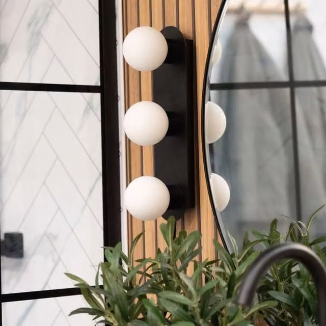 ValueLights Orbital 3 Way Bar Black Wall and Ceiling Light with Opal Glass Globe, IP44 Rated