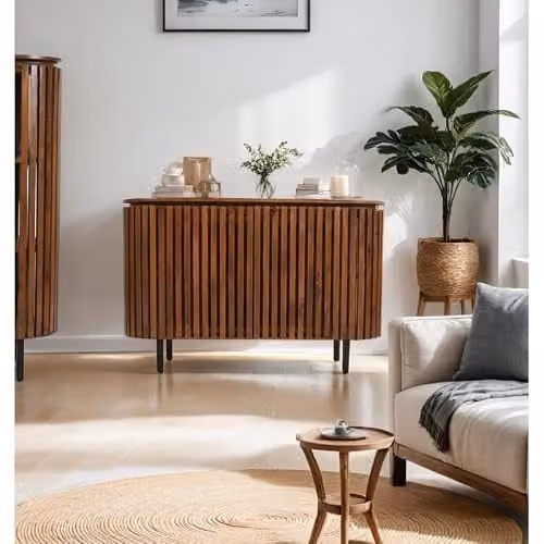 Indian Hub Mid-Century Slatted 2-Door Mango Wood Sideboard in Brown, W135 x D40 x H85 cm – 2