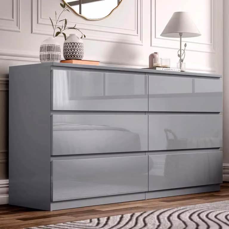 DHS High Gloss 6 Drawer Chest of Drawers in Grey, W: 120 cm, H: 77 cm, D: 40 cm