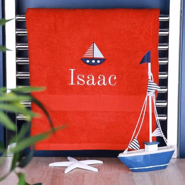Duncan Stewart Personalised Kids Sailing Boat Cotton Bath Towel, Red, W/D/H: 130 x 70 x 500 cm