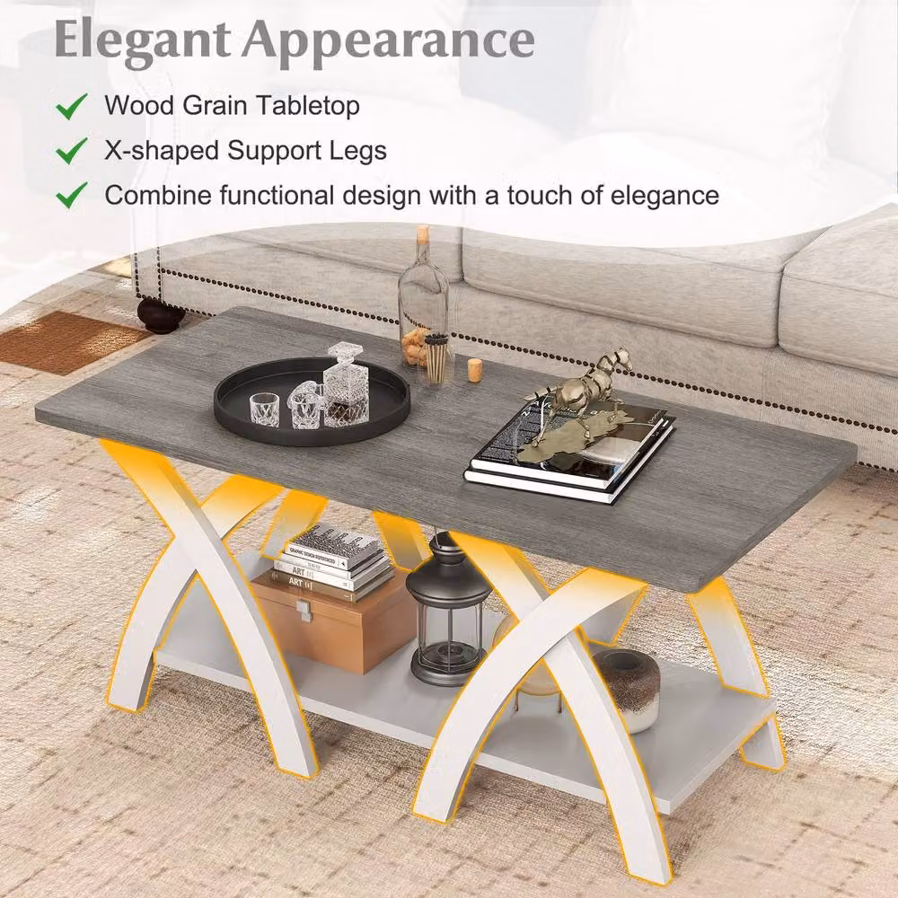 Gymax White Farmhouse Wooden Accent Coffee Table with Storage Shelf – 3