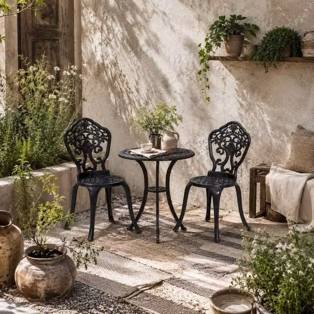Wyld Haus Rirara 3 Piece Black Floral Cast Aluminium Bistro Set – 1
